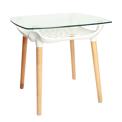 2 SEATER TABLE WITH TEMPERED GLASS AND PLASTIC BOTTOM AND WOODEN LEGS