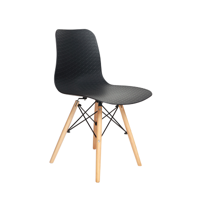BLACK SQUARE PATTERN PLASTIC CHAIR WITH WOODEN LEGS