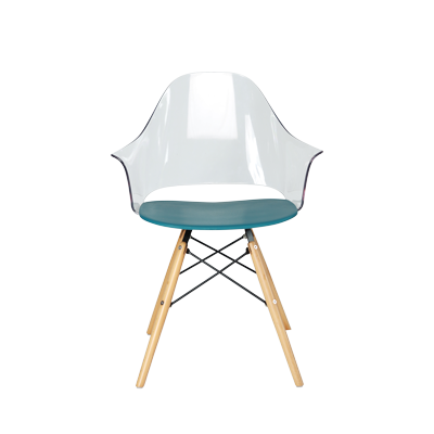 CLEAR PLASTIC CHAIR WITH BLUE PLASTIC SEATING AND WOODEN LEGS view 2