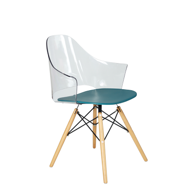 CLEAR PLASTIC CHAIR WITH BLUE PLASTIC SEATING AND WOODEN LEGS