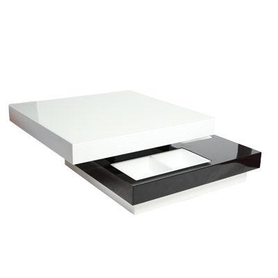 GLASS TOP BLACK AND WHITE SLIDING COFFEE TABLE WITH STORAGE