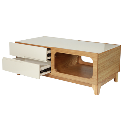 GLASS TOP WOODEN LIGHT WOOD COFFEE TABLE