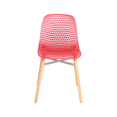 RED PLASTIC CHAIR WITH WOODEN LEGS view 2