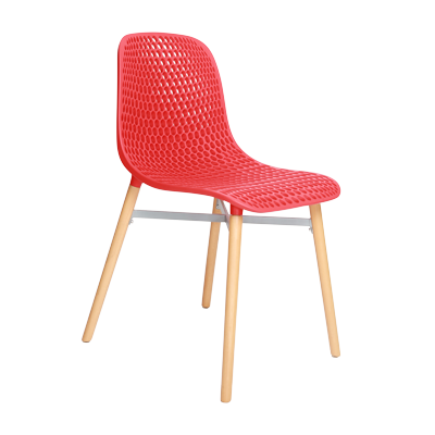 RED PLASTIC CHAIR WITH WOODEN LEGS