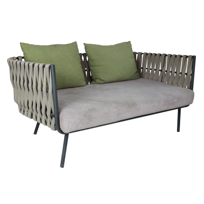 SEMI OUTDOOR THREE SEATER SOFA WITH SCATTER CUSHIONS AND POWDER COATED LEGS