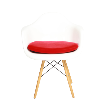 SINGLE SEATER FIBER GLASS CHAIR WITH RED CUSHION AND WOODEN LEGS view 2
