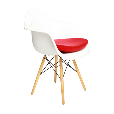 SINGLE SEATER FIBER GLASS CHAIR WITH RED CUSHION AND WOODEN LEGS