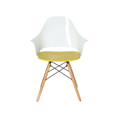 WHITE FIBER CHAIR WITH YELLOW PLASTIC SEATING AND WOODEN LEGS view 2