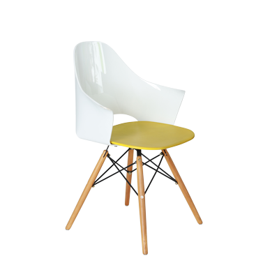 WHITE FIBER CHAIR WITH YELLOW PLASTIC SEATING AND WOODEN LEGS
