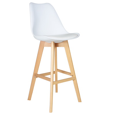 WHITE PLASTIC BARSTOOL WITH PU SEATER AND WOODEN LEGS