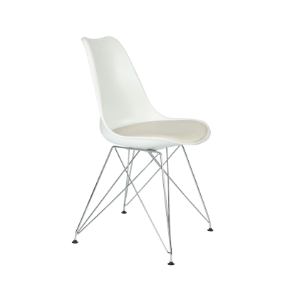 WHITE PLASTIC CHAIR WITH PU SEATER CHROME PLATED LEGS
