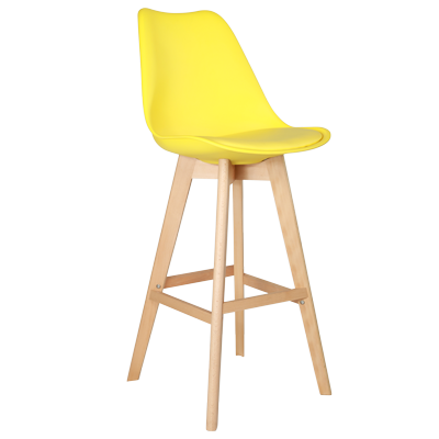 YELLOW PLASTIC BARSTOOL WITH PU SEATER AND WOODEN LEGS