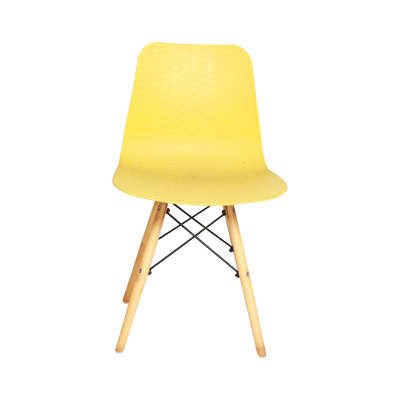 YELLOW SQUARE PATTERN PLASTIC CHAIR WITH WOODEN LEGS view 2