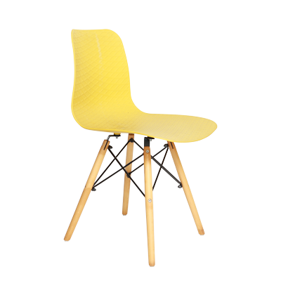 YELLOW SQUARE PATTERN PLASTIC CHAIR WITH WOODEN LEGS