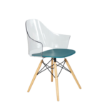 CLEAR PLASTIC CHAIR WITH BLUE PLASTIC SEATING AND WOODEN LEGS