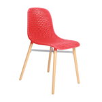 RED PLASTIC CHAIR WITH WOODEN LEGS