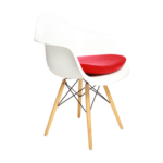 SINGLE SEATER FIBER GLASS CHAIR WITH RED CUSHION AND WOODEN LEGS